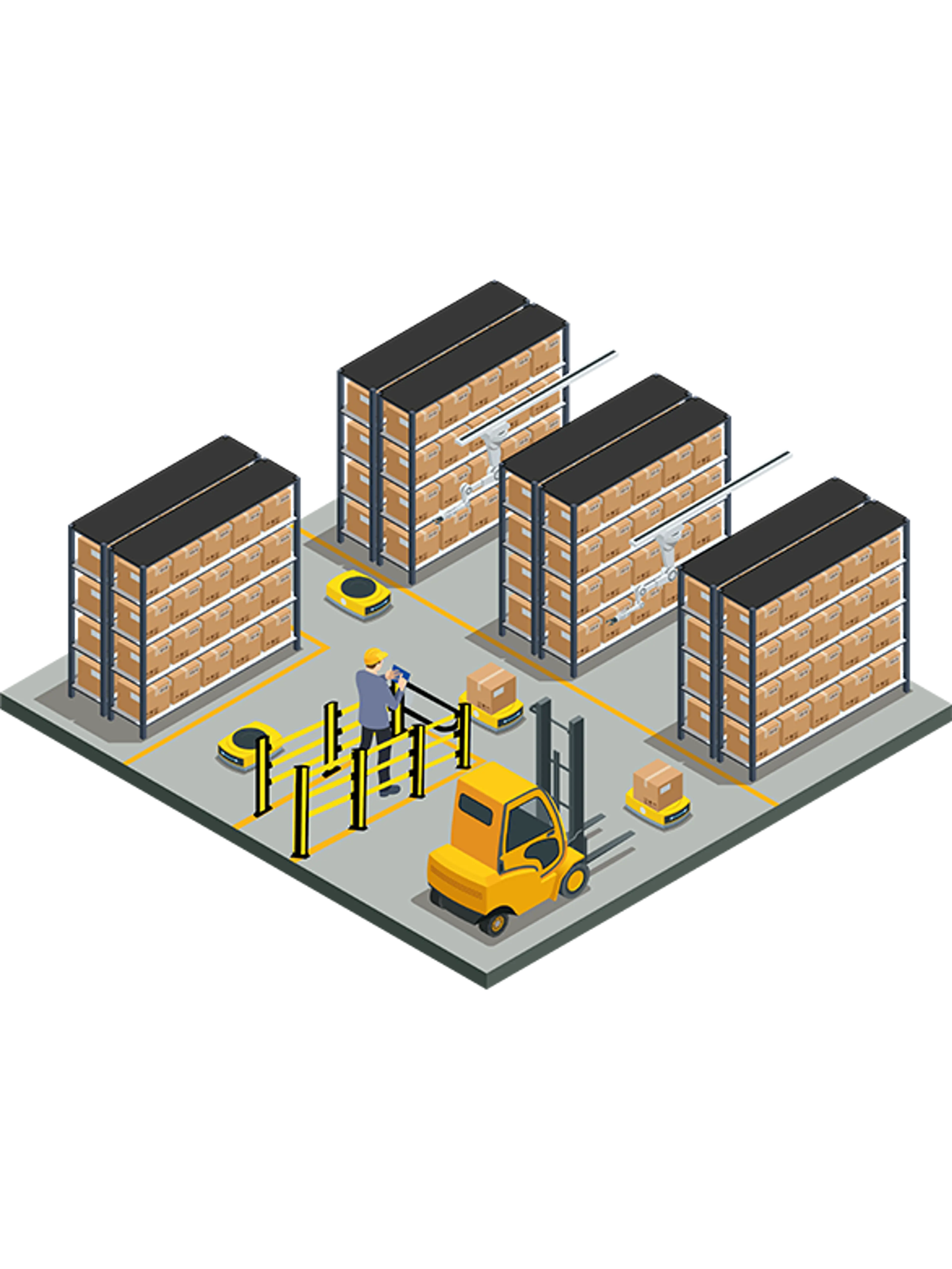 Almacén con estanterías, robots móviles, montacargas y trabajador detrás de barreras de seguridad.