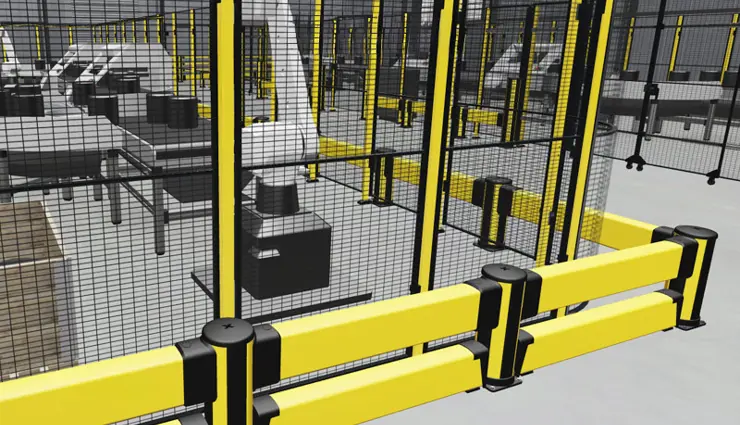 Vista detallada en el showroom digital Axelent Xperience que muestra cómo los paneles de malla X-Guard y la protección contra impactos X-Protect de Axelent protegen de manera segura a los robots automatizados.