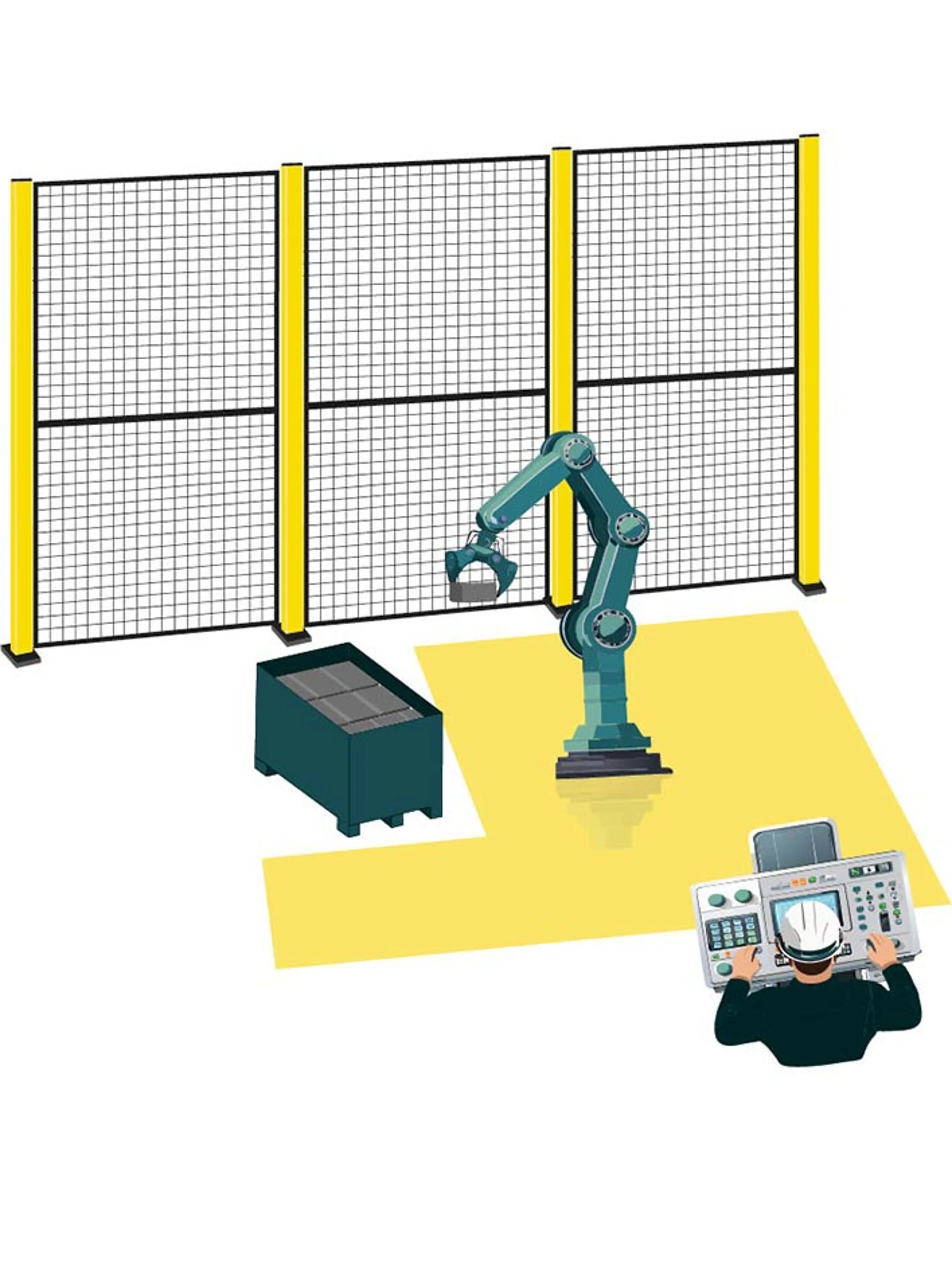 Robot dentro de un cerramiento y un operario entrando