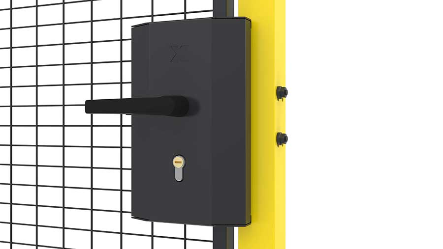 Close up on a black cylinder handle lock mounted on a door with mesh panel